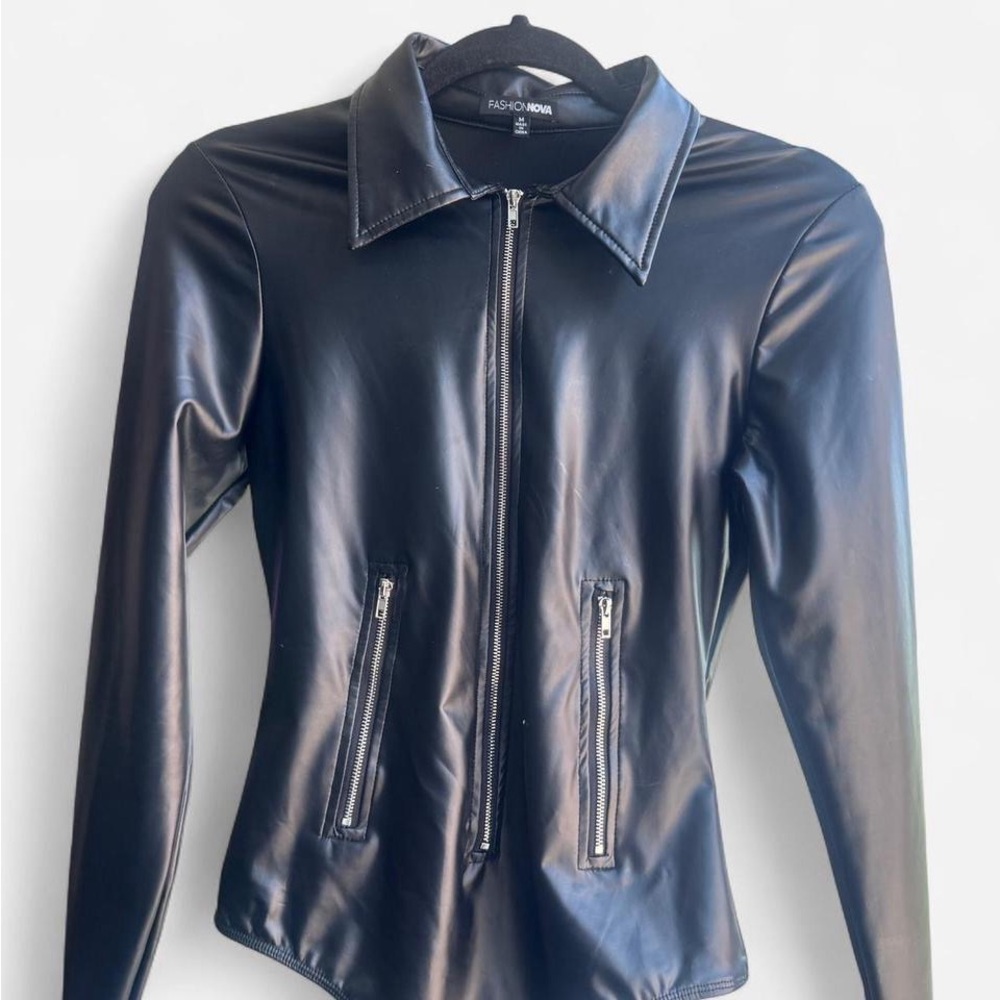 FASHION NOVA - Faux Leather - Biker Baddie Zip Front Bodysuit - Black - Picture 2 of 4